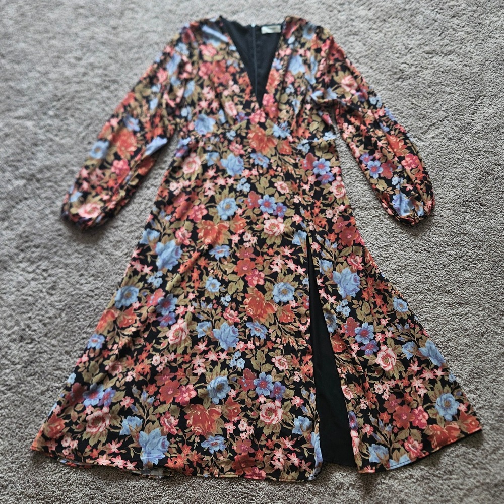 Showpo Henny Floral Midi Dress Womens 14 Black V-Neck Long Sleeve Side Slit Boho - Picture 3 of 12